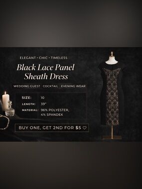 Black Lace Panel Sheath Dress Size 10 Elegant Cocktail Wedding Guest Stretch